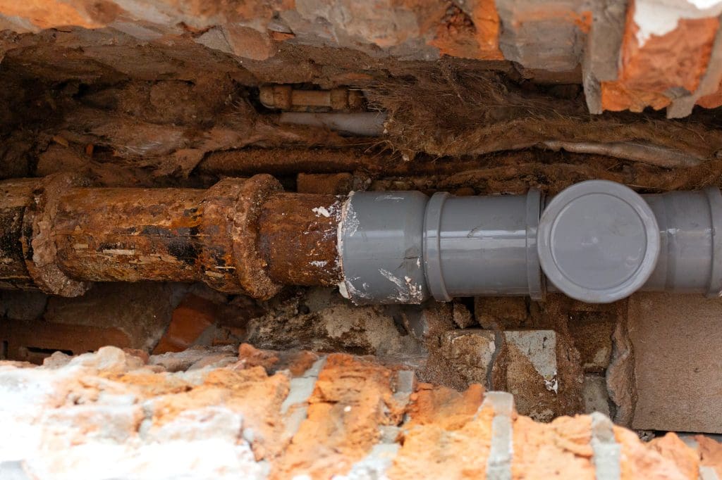 A damaged, rusty metal pipe lies beside a new, gray plastic one in the brick wall. This contrast highlights the upgrade executed by the drainage contractor, with remnants of old bricks and mortar adding to the story of renewal.