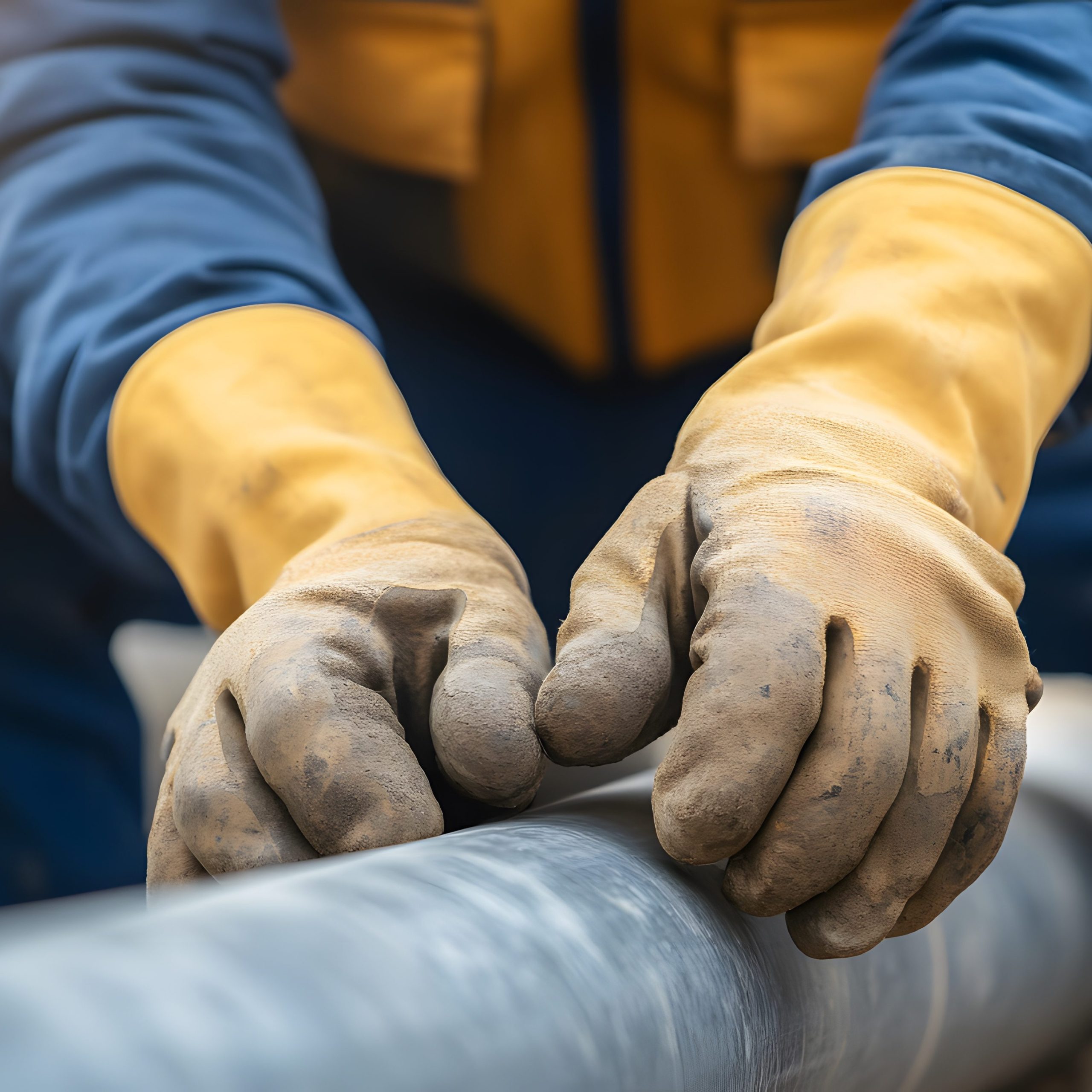 Close-up of a person in a blue and yellow work uniform and yellow gloves, gripping a steel pipe. The focus is on their hands, highlighting the texture of the gloves and pipe in a sewage treatment plant setting.