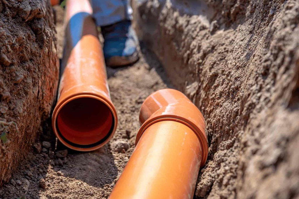 Two large orange drainage pipes are being installed in a trench in the ground. One pipe is straight and the other has a bend. A person’s legs and blue shoes are partially visible in the background.