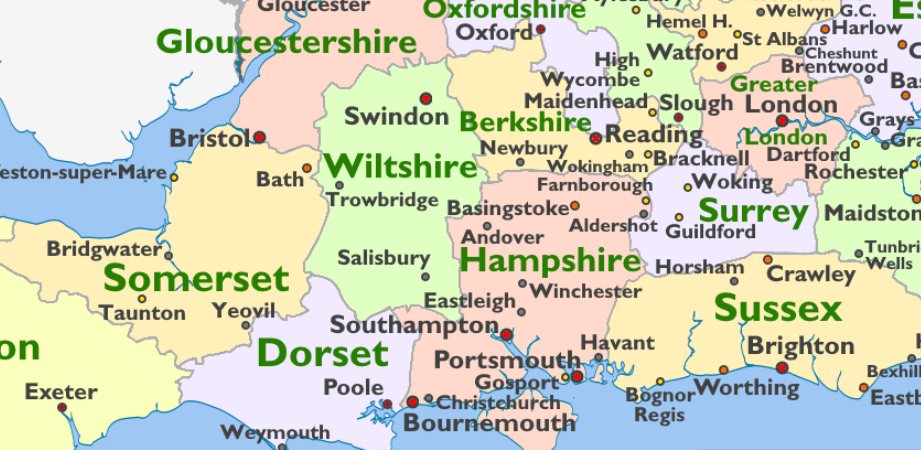 A map of southern England showing counties including Somerset, Dorset, Wiltshire, Gloucestershire, Oxfordshire, Berkshire, Hampshire, Surrey, and Sussex, with major cities and towns labeled.