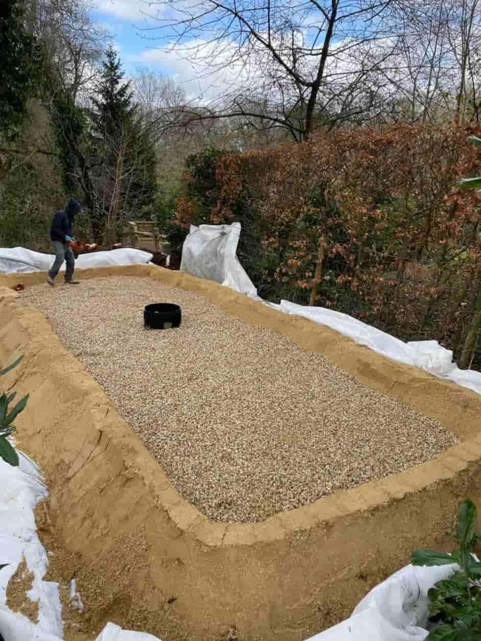 A person in a hooded jacket stands beside a rectangular pit lined with white sheets and filled with gravel, surrounded by trees and bushes; a black circular item sits near the center of the pit.