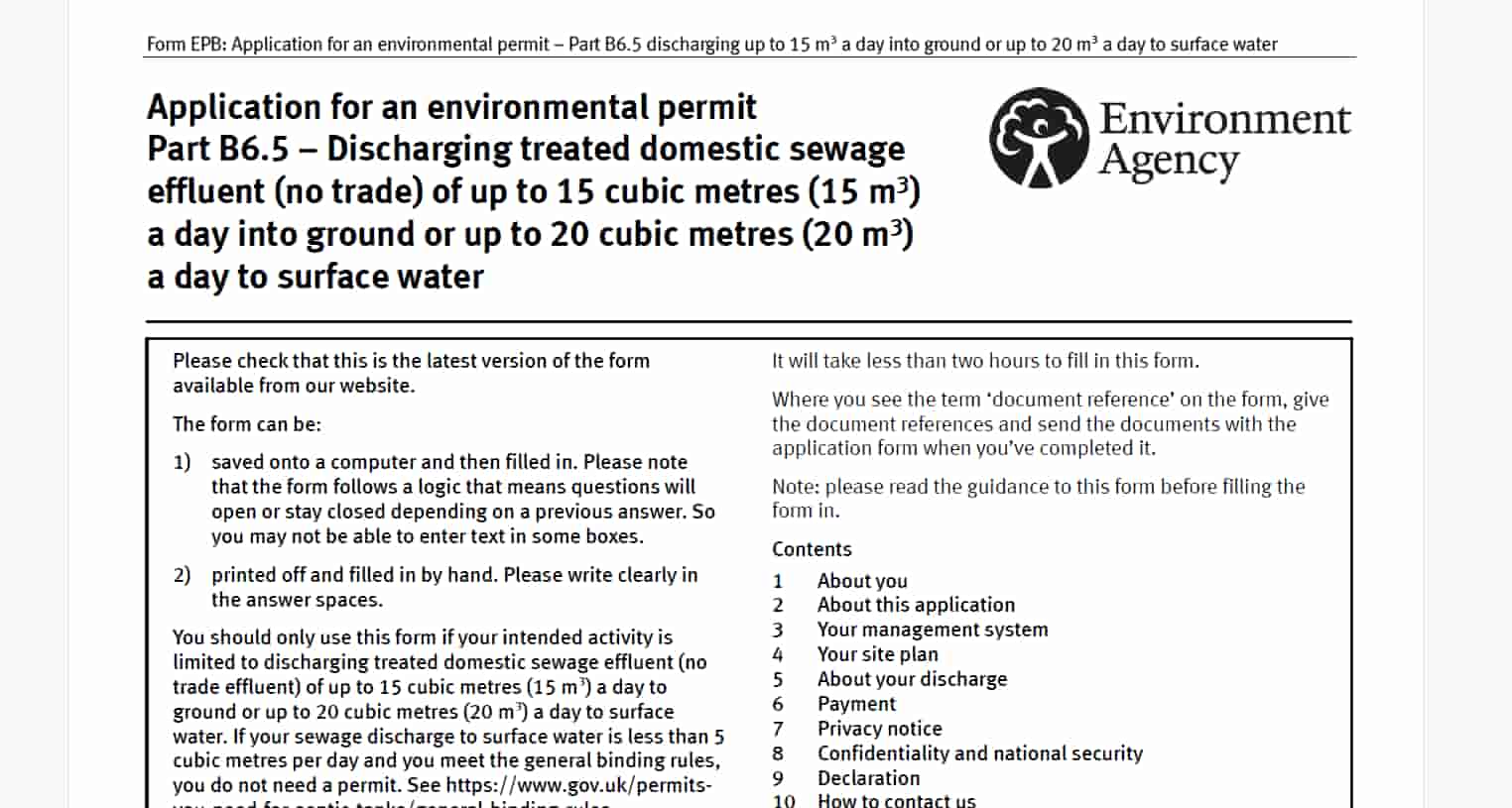 A cropped screenshot of a UK Environment Agency form titled "Application for an environmental permit Part B6.5 – Discharging treated domestic sewage." The form includes instructions, checkboxes, and the Environment Agency logo.