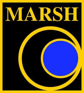 A black square logo with a yellow border features the word "MARSH" in yellow at the top and two intersecting yellow circles with a solid blue circle in the lower right.