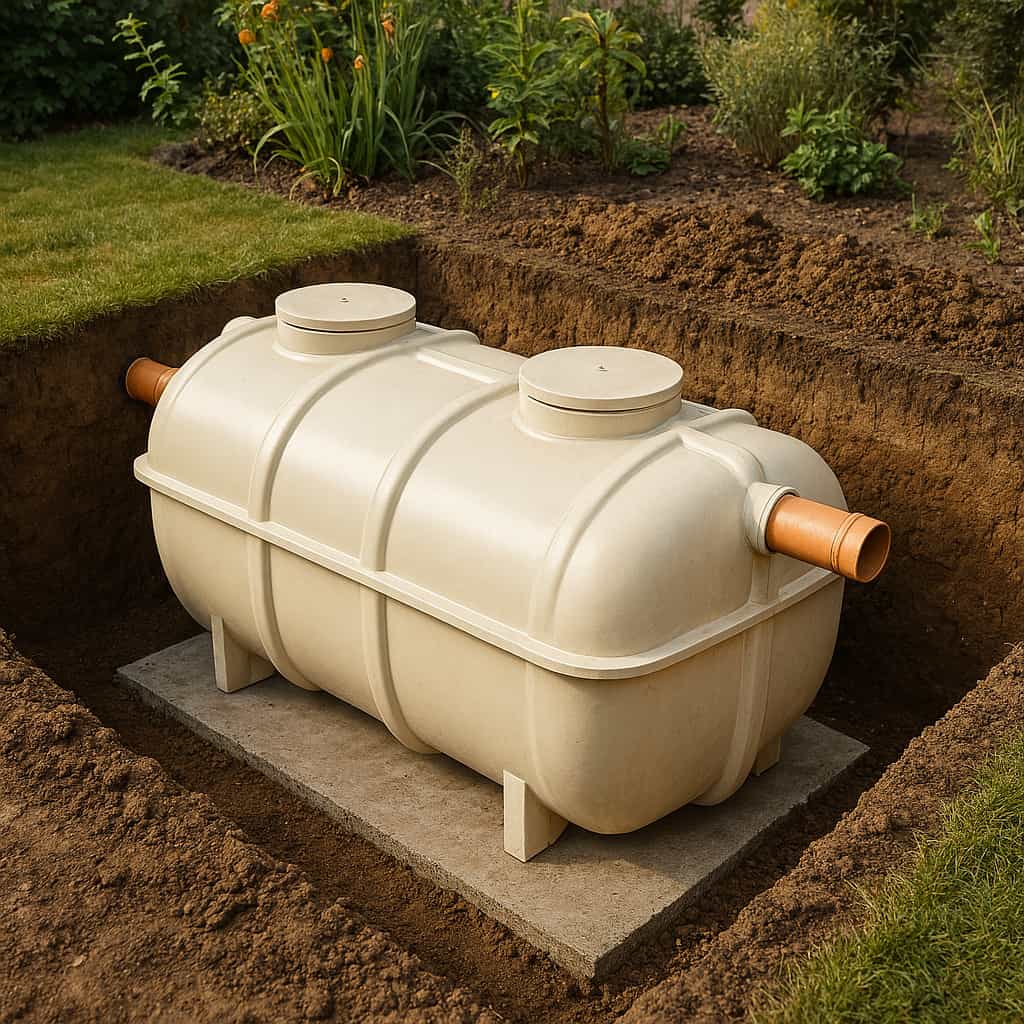 A large, beige plastic septic tank is installed in a rectangular hole in a garden, surrounded by soil and grass, with two orange pipes attached on opposite sides.