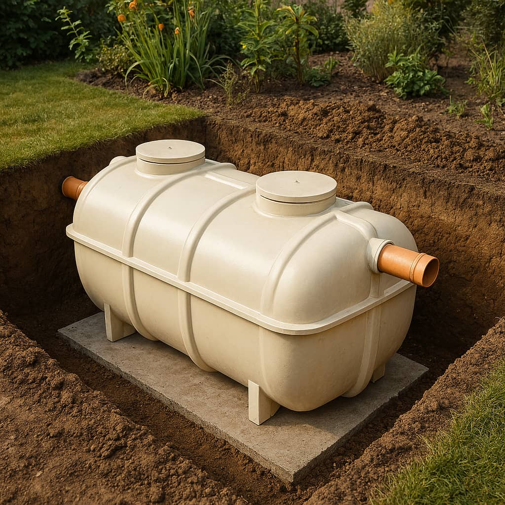 A large beige plastic septic tank with two access covers is installed in a rectangular hole in a garden, surrounded by soil and green plants. Orange pipes extend from both sides of the tank.