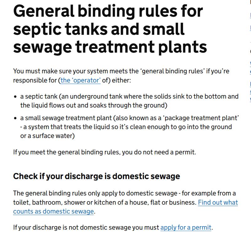 Screenshot of a webpage titled "General binding rules for septic tanks and small sewage treatment plants," explaining compliance and permit requirements for domestic sewage systems. Certain phrases are bolded and underlined as links.