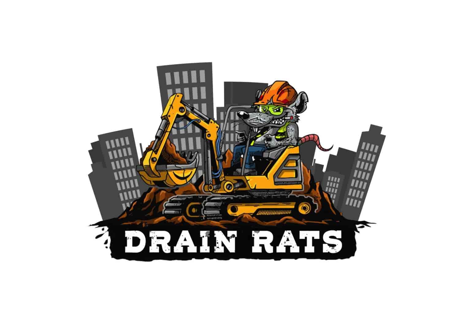 A cartoon rat in construction gear drives an excavator, digging into the ground. City buildings are in the background, and bold text below reads “DRAIN RATS.”.